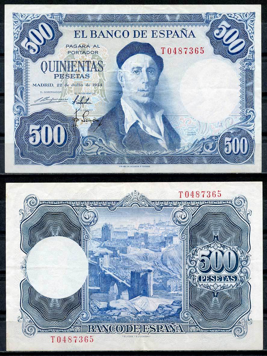Испания 500 песет 1954 Игнасио Сулоага, вид Толедо Pick 148 а бумага 451-327-2