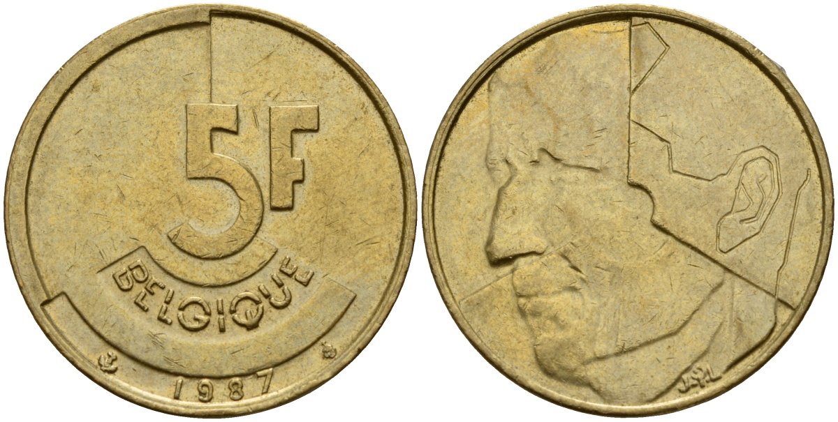 Бельгия 5 франков 1987 Belgique KM 163 алюминиевая бронза 4187-1126