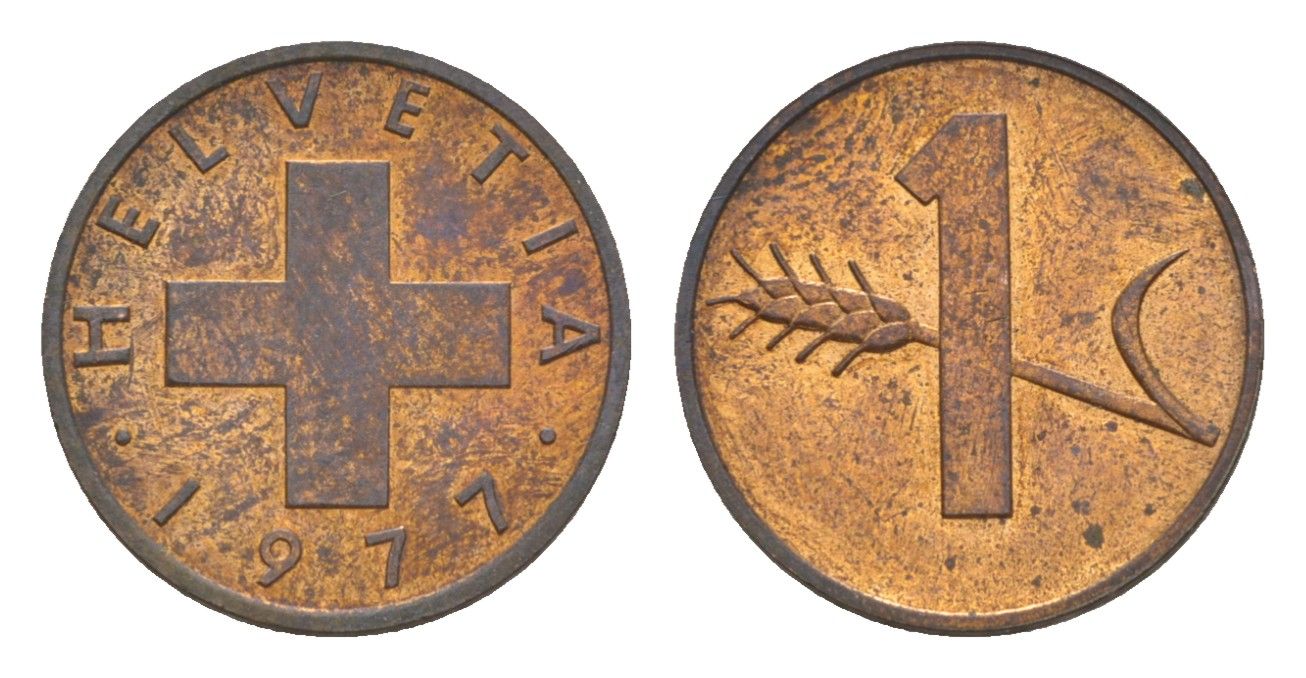 Швейцария 1 раппен 1977 KM 46 бронза UNC 3458-669