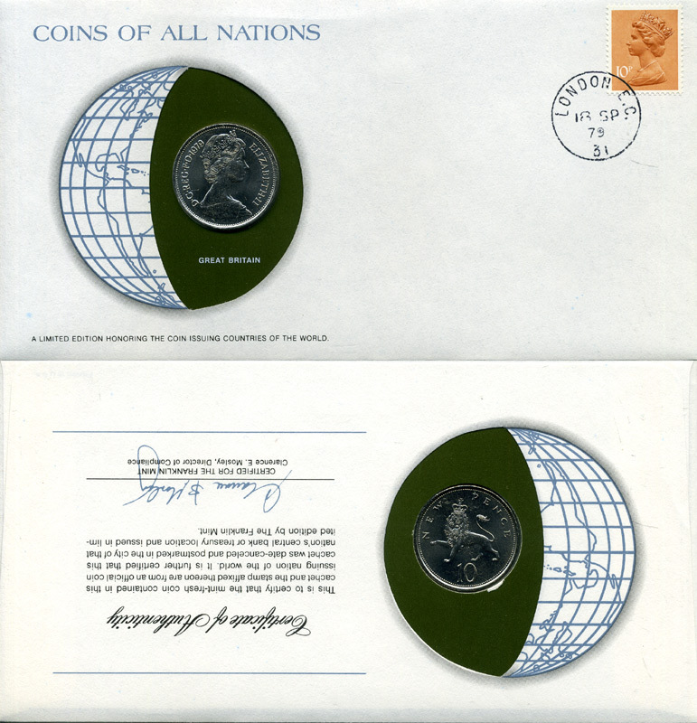 Великобритания 10 пенсов 1979 Елизавета II (1952-2022) монета в конверте с маркой и спецгашением, Coins of Nations KM 912, Spink 4231 (F1) медно-никель UNC 4294-29-3