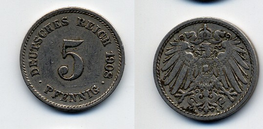 Германия 5 пфеннигов 1908 A KM 11, Jager 12, Weege 6 медно-никель 84-1668