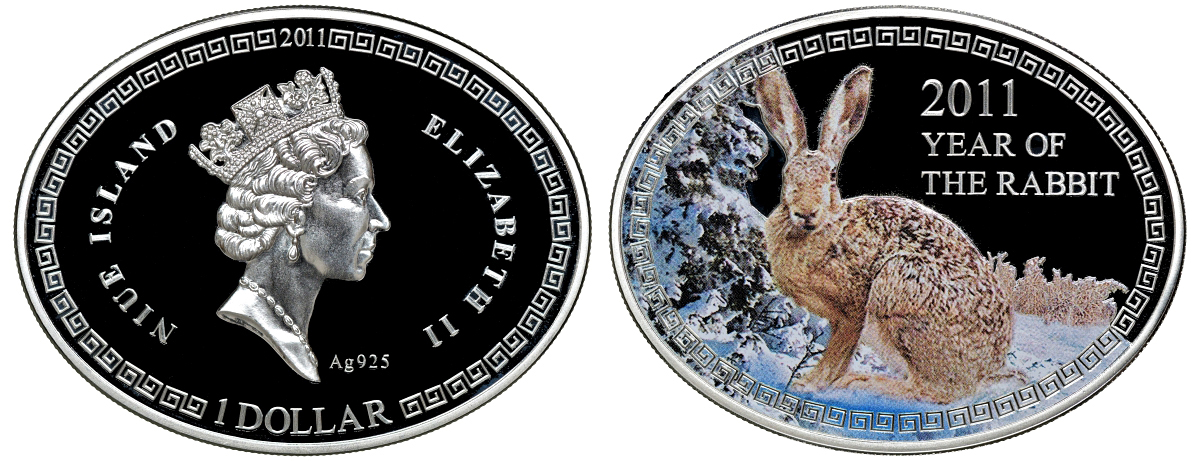 Ниуэ 1 доллар 2011 Год кролика, цветная эмаль, коробка, сертификат KM 510 серебро PROOF 4-3-3-03