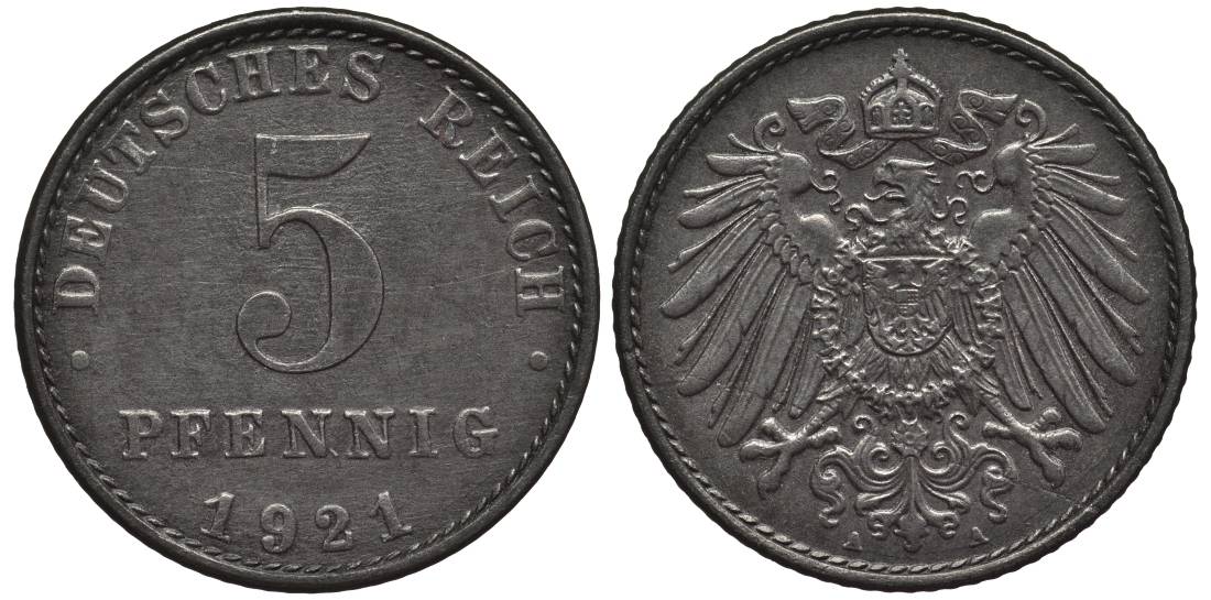 ГЕРМАНИЯ 5 ПФЕННИГОВ 1921 A KM 19, Jager 297, Weege 5 железо 4547-627