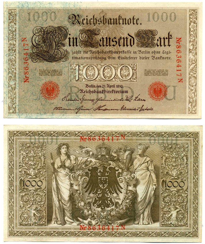 Германия 1000 Марок 1910 21 апреля 1910, Буква U, номер семизначный, серия N, Выпуск (10.1922) Pick 44b, Розенберг 45с бумага 8618-25-1-2