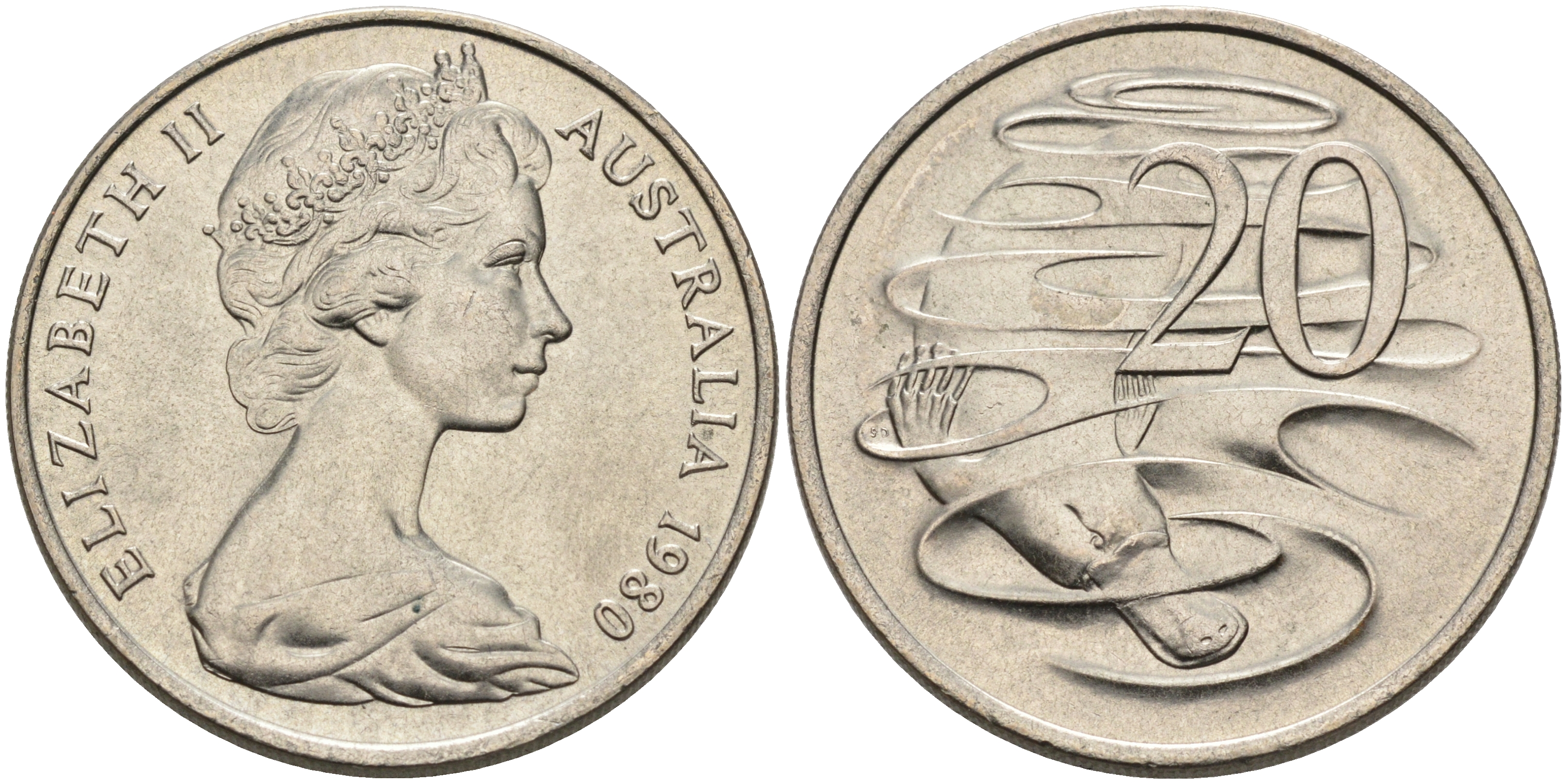 АВСТРАЛИЯ 20 ЦЕНТОВ 1980 ЕЛИЗАВЕТА II, МОЛОДОЙ ПОРТРЕТ, УТКОНОС KM 66 медно-никель UNC 4565-825