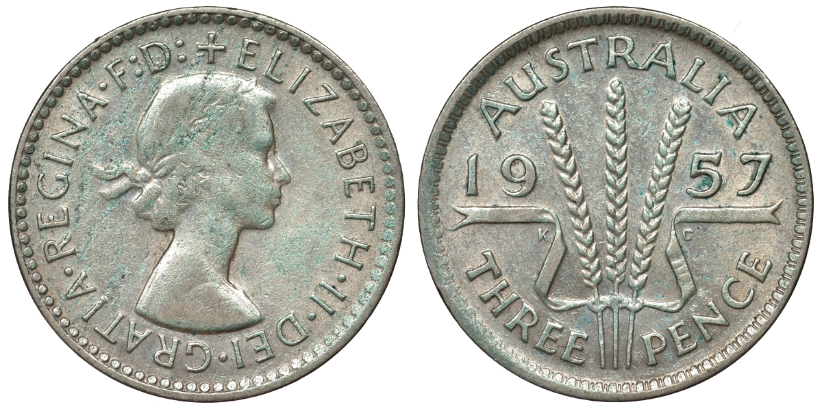 Австралия 3 пенса 1957 m, Елизавета II (1952-2022) KM 57 серебро 71-515