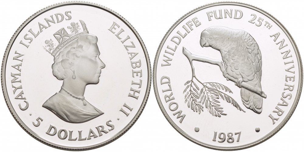 Каймановы острова 5 долларов 1987 серия 25 лет защиты окружающей среды, попугай, Cuban Amzon KM 95 серебро PROOF 1068-6-11