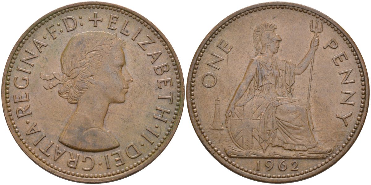 Великобритания 1 пенни 1962 Елизавета II (1952-2022) KM 897, Spink 4157 бронза 4117-615