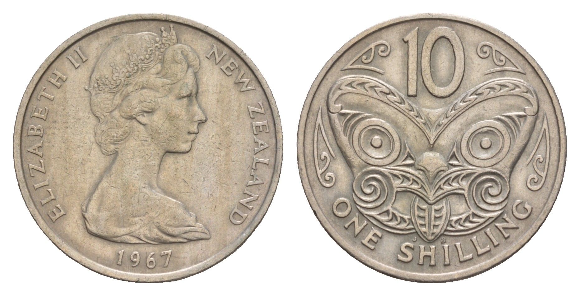 Новая Зеландия 10 центов 1967 Елизавета II (1952-2022), маска маори KM 35 медно-никель 4657-124