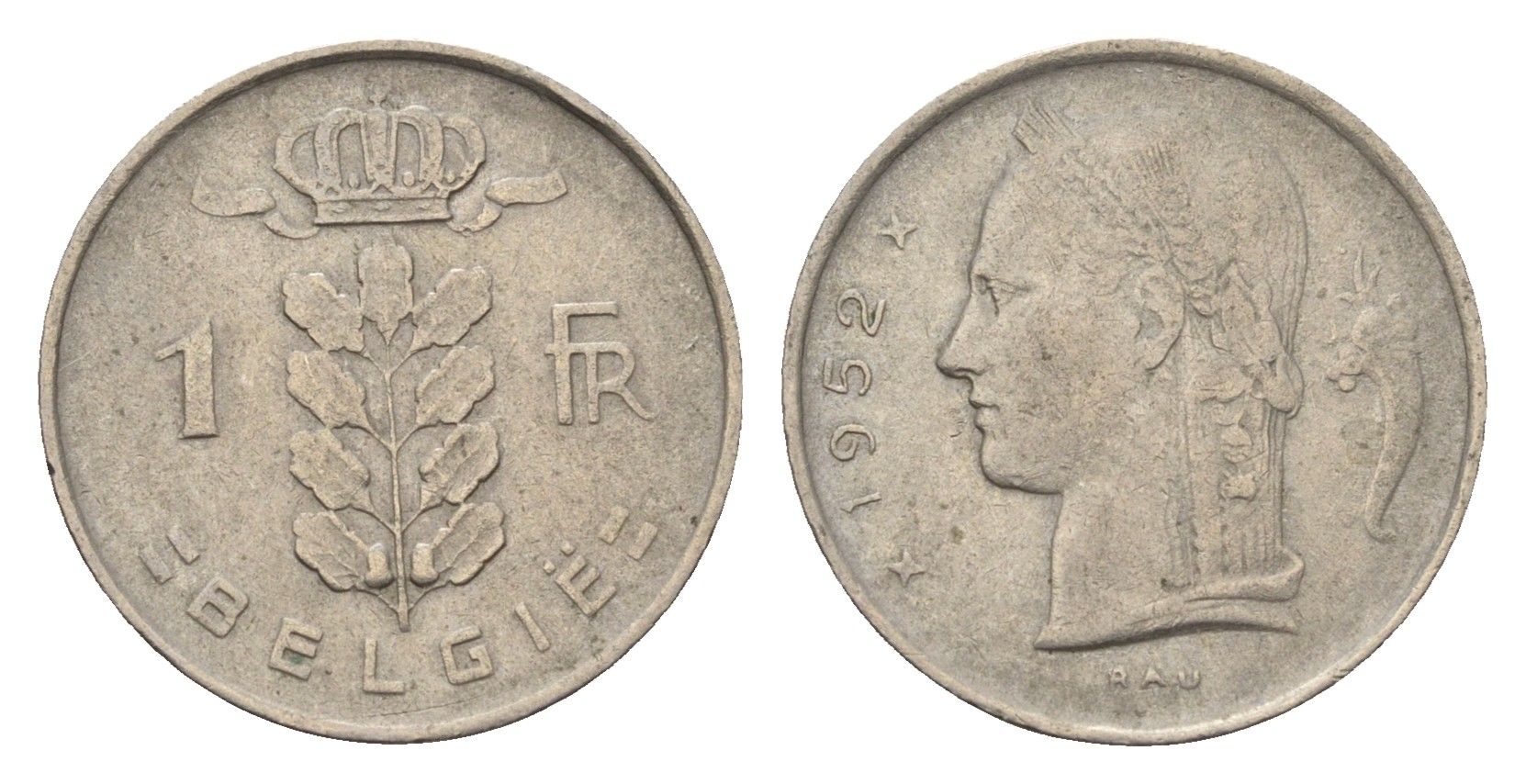 Бельгия 1 франк 1952 Belgie, Бодуэн I (1951-1993) KM 143 медно-никель 4684-133