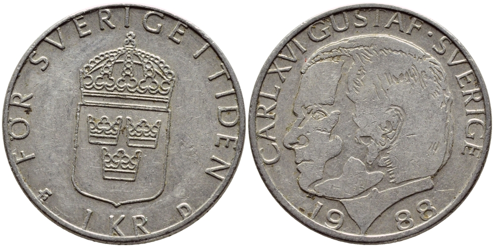 Швеция 1 крона 1988 Карл XVI Густав (1973- ) KM 852a медно-никель 4397-1216