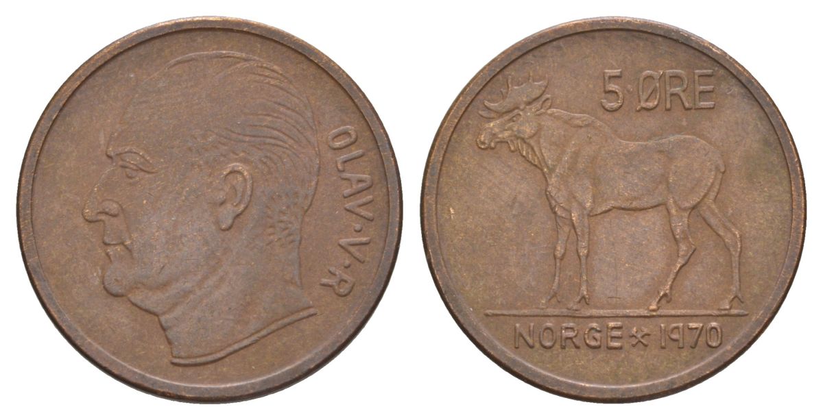 Норвегия 5 эре 1970 Улаф V (1957-1991) KM 405 бронза 4635-617