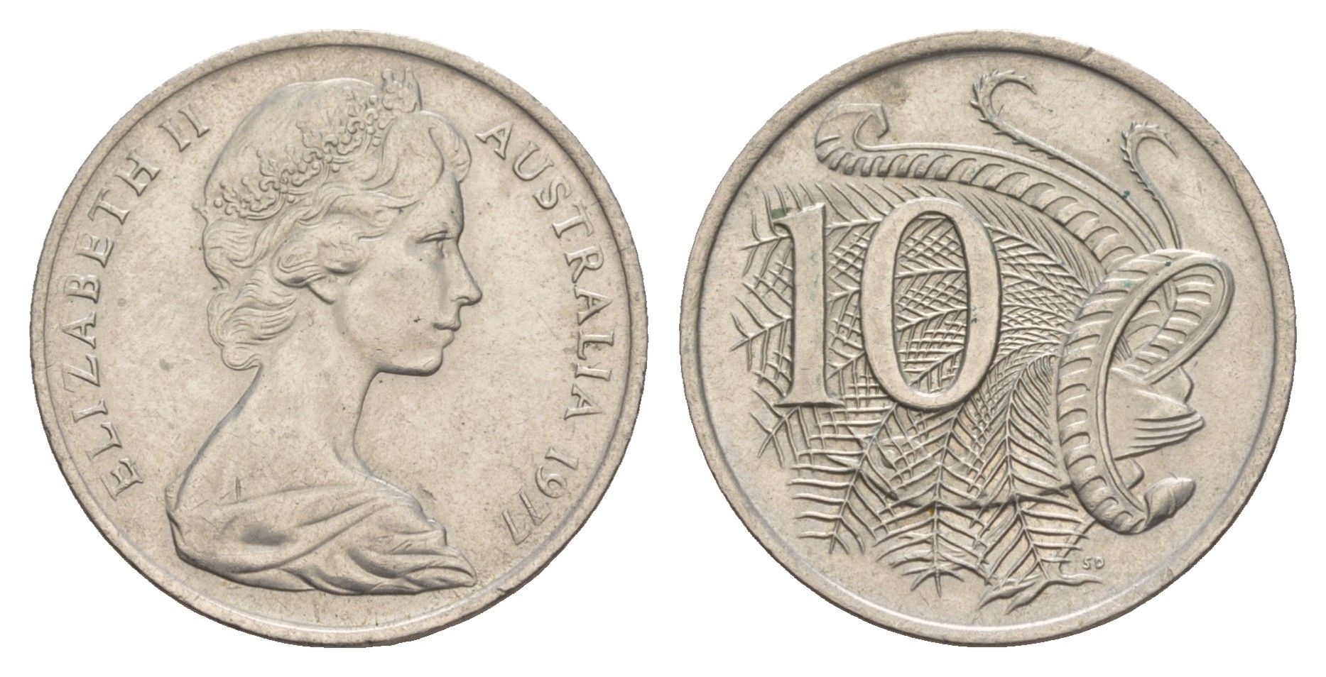 Австралия 10 центов 1977 Елизавета II (1952-2022), птица лирахвост KM 65 медно-никель aUNC 4657-144