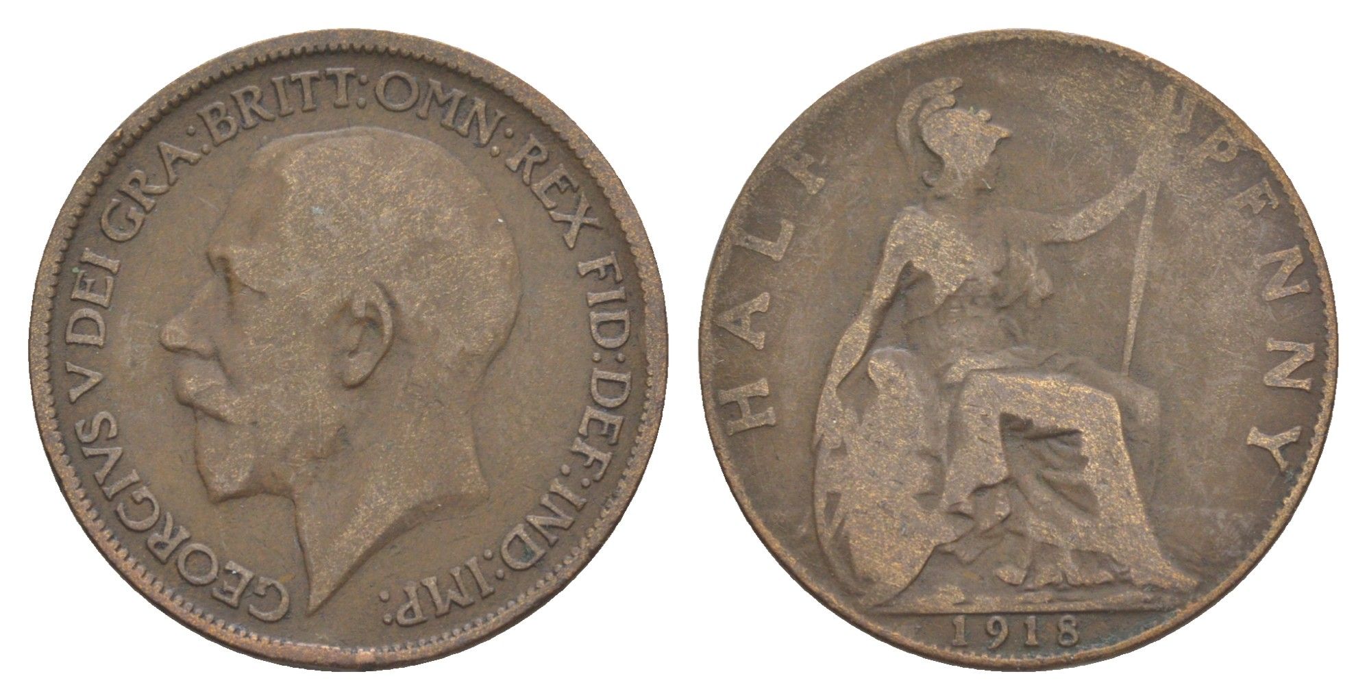 Великобритания 1/2 пенни 1918 Георг V (1910-1936) KM 809, Spink 4056 бронза 4538-113
