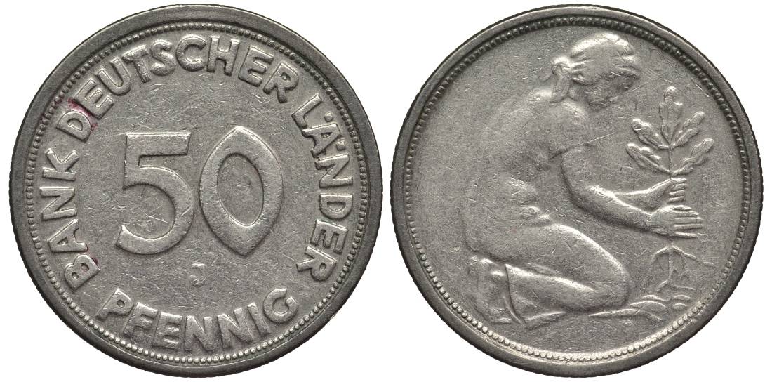 ФРГ 50 пфеннигов 1949 J KM 104, Jager 379 медно-никель 4547-734