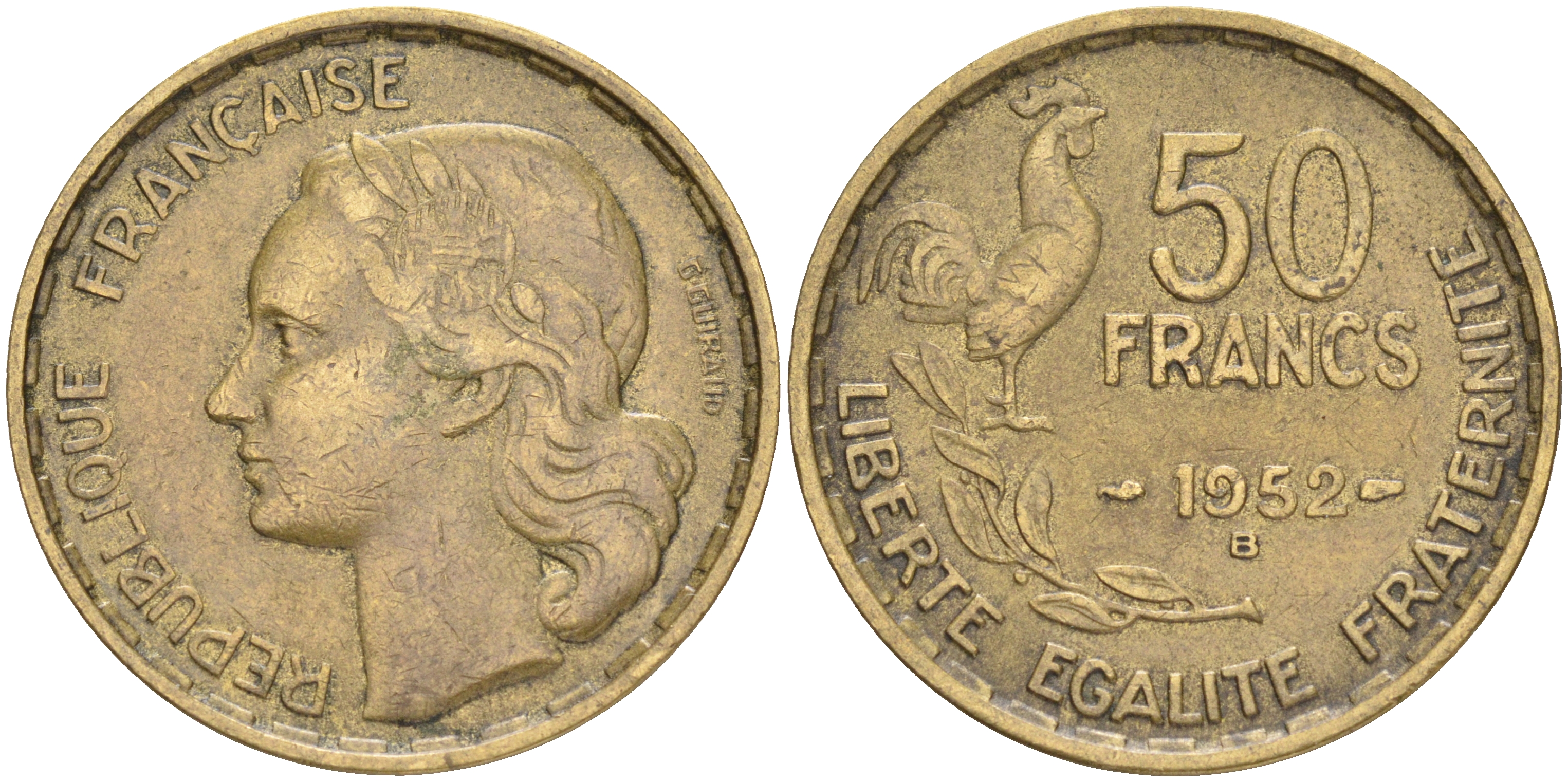 ФРАНЦИЯ 50 ФРАНКОВ 1952 В KM 918.2 алюминиевая бронза 189-323