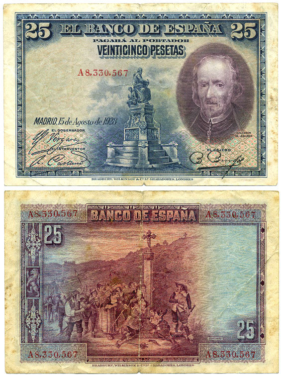 ИСПАНИЯ 25 ПЕСЕТ 1928 СЕРИЯ А 8330567, ПЕДРО КАЛЬДЕРОН ДЕ ЛЯ БАРКА Pick 74b бумага 8588-32-1-2