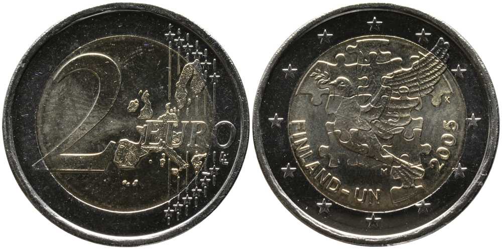Финляндия 2 евро 2005 60 лет ООН, 50 лет членству Финляндии в ООН, голубь мира KM 119 биметалл UNC 115-1144