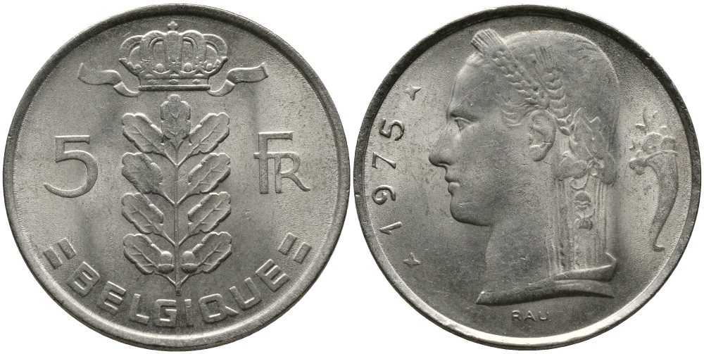 БЕЛЬГИЯ 5 ФРАНКОВ 1975 BELGIQUE KM 134.1 медно-никель 98-647