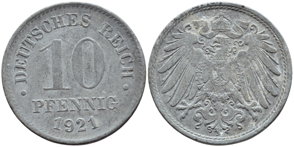 ГЕРМАНИЯ 10 ПФЕННИГОВ 1921 KM 26, J. 299 цинк 4395-1247