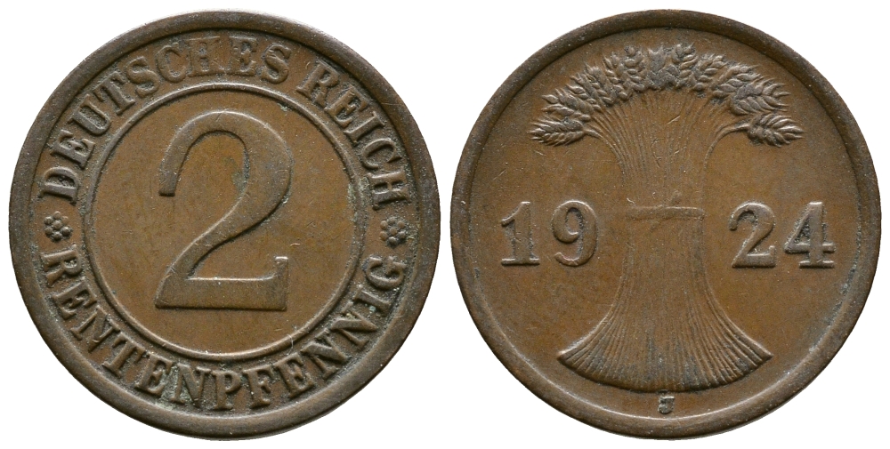ГЕРМАНИЯ 2 РЕНТЕНПФЕННИГА 1924 J KM 31, J.307 бронза 93-323