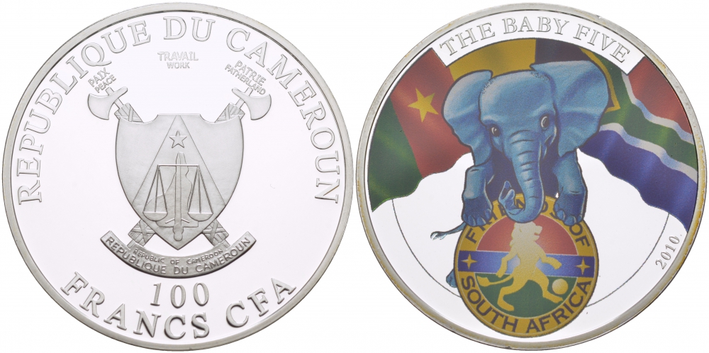 КАМЕРУН 100 ФРАНКОВ 2010 СЕРИЯ ДЕТЕНЫШИ БОЛЬШОЙ ПЯТЕРКИ, АФРИКАНСКИЙ СЛОН, ЭМАЛЬ, ТИРАЖ 1000 ЭКЗ. KM NEW медь плакированная серебром 00-000-00