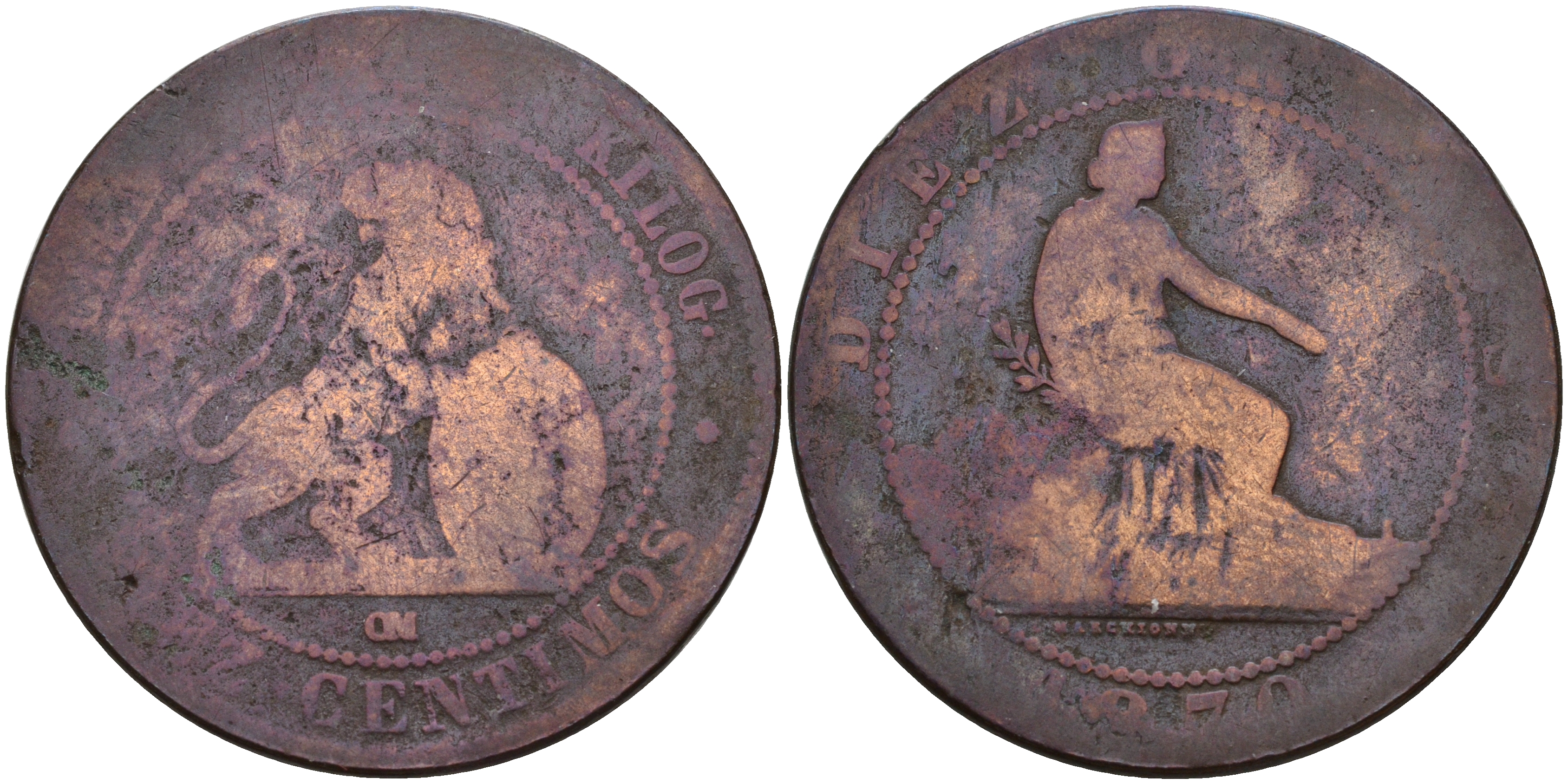 Испания 10 сентимо 1870 ОМ, лев со щитом KM 663 (Y54) медь 4149-344