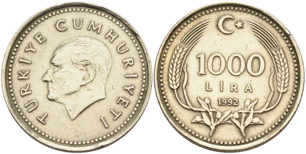 Турция 1000 лир 1992 Кемаль Ататюрк KM 997 медь никель цинк 4561-133