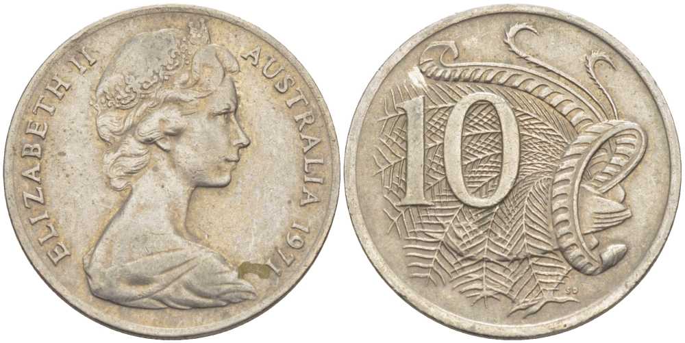 Австралия 10 центов 1971 Елизавета II (1952-), птица лирахвост KM 65 медно-никель 4382-935