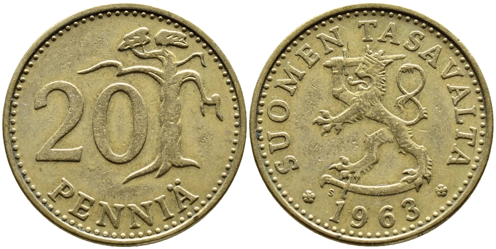 ФИНЛЯНДИЯ 20 ПЕННИ 1963 S KM 47 алюминиевая бронза 4364-4427
