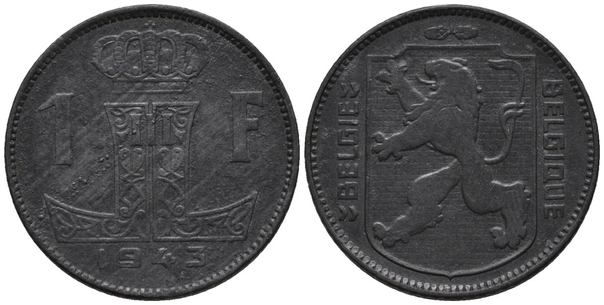 Бельгия 1 франк 1943 Belgie-Belgique, Леопольд III (1934-1947) KM 128 цинк 4579-937