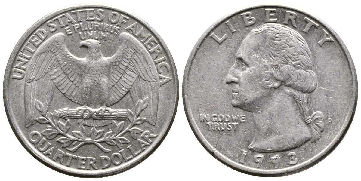 США 25 центов (квотер) 1993 P, Вашингтон KM А164а медь плакированная медно-никелем 259-1223