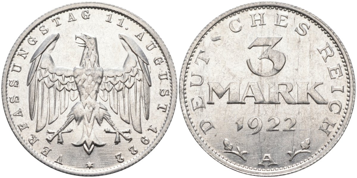Германия 3 марки 1922 A, третья годовщина Веймарской Конституции KM 29, J.303 алюминий UNC 4587-125