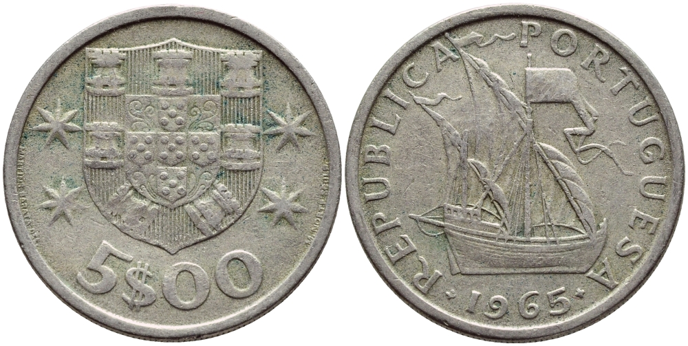 ПОРТУГАЛИЯ 5 ЭСКУДО 1965 ПАРУСНИК KM 591 медно-никель 4395-852