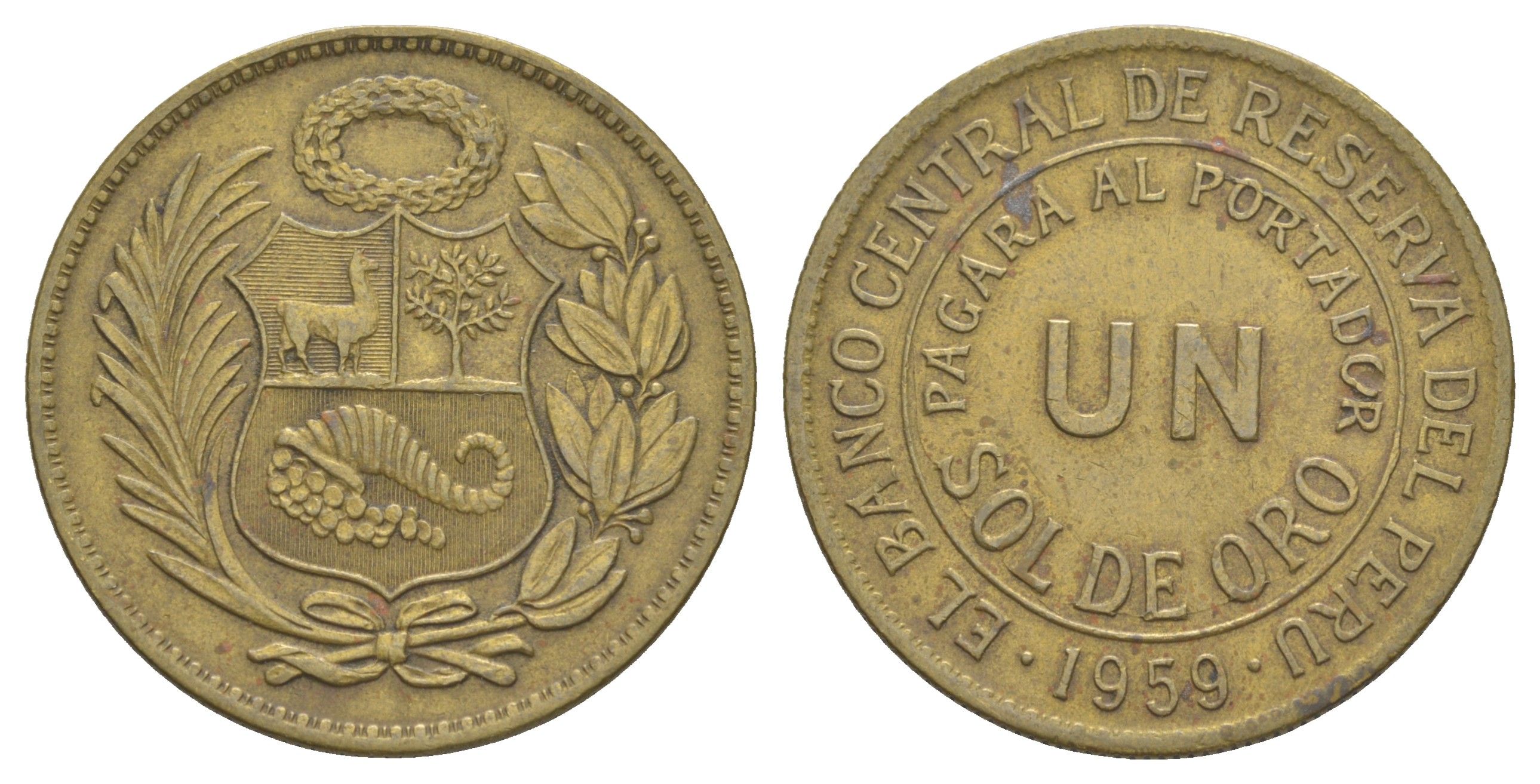 Перу 1 соль 1959 KM 222 латунь 4587-813