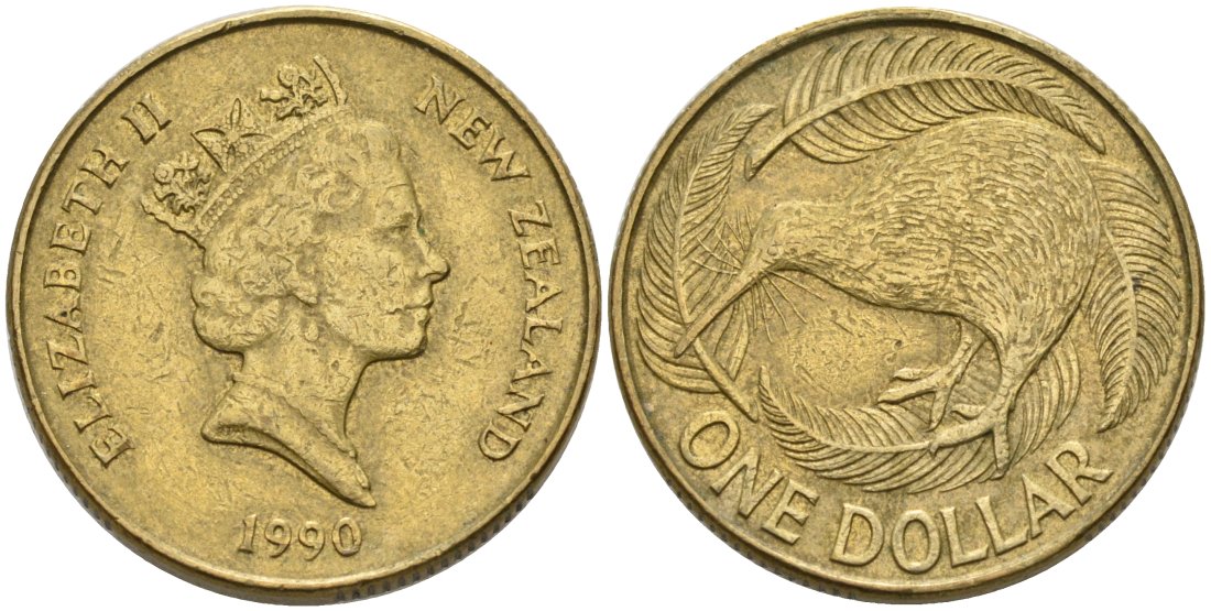 Новая Зеландия 1 доллар 1990 Елизавета II (1952-2022), птица киви KM 78 алюминиевая бронза 29-336
