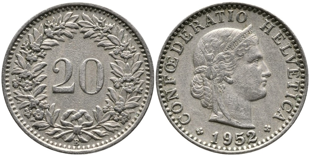 ШВЕЙЦАРИЯ 20 РАППЕНОВ 1952 В KM 29а медно-никель 4539-552