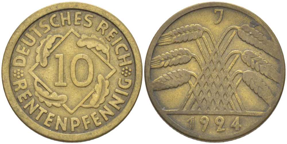 ГЕРМАНИЯ 10 РЕНTЕНПФЕННИГОВ 1924 J KM 33, J. 309, Weege 8 алюминиевая бронза 210-327