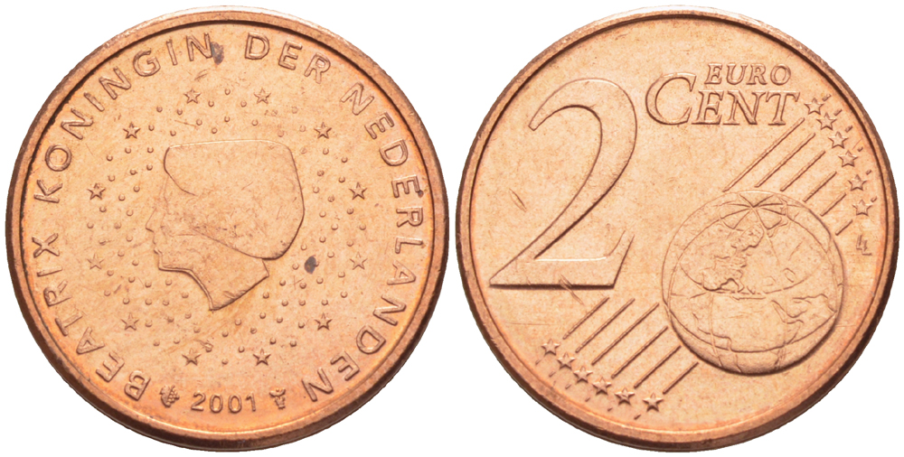 НИДЕРЛАНДЫ 2 ЕВРОЦЕНТА 2001 КОРОЛЕВА БЕАТРИКС KM 235 сталь плакированная медью XF+ 86-227