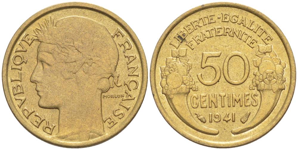 ФРАНЦИЯ 50 САНТИМОВ 1941 ТИП MORLON KM 894.1, LE FRANC 192.18 алюминиевая бронза 44-462