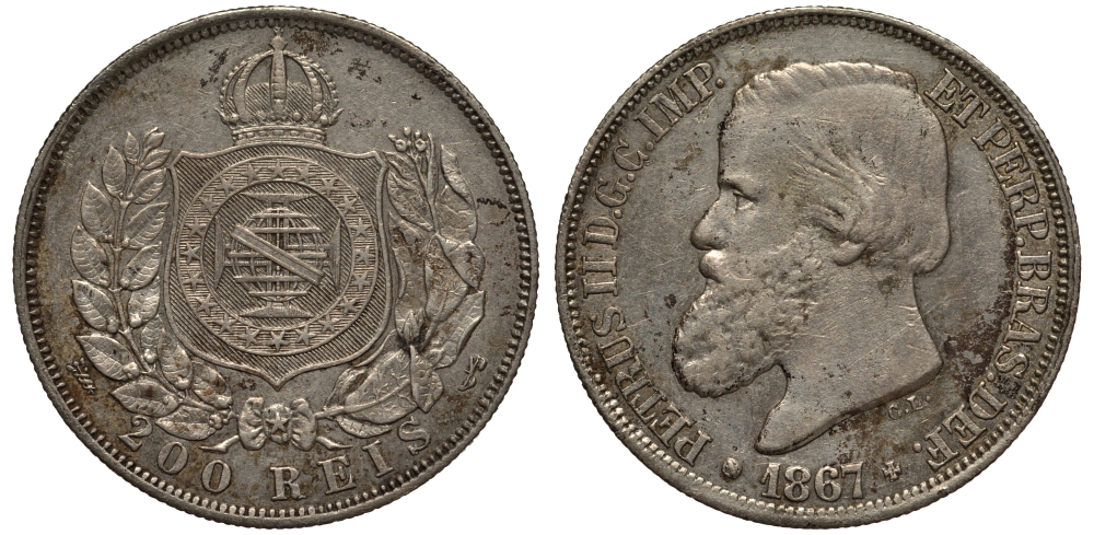 Бразилия 200 рейс 1867 Педро II (1831-1889) KM 471 серебро 272-315