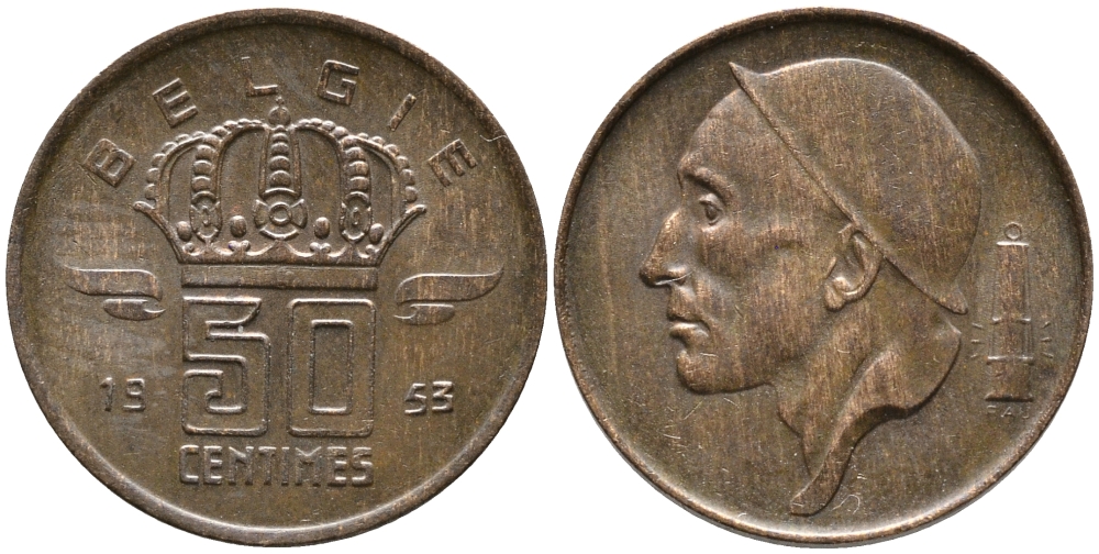 БЕЛЬГИЯ 50 САНТИМОВ 1953 BELGIE KM 145 бронза 100-461