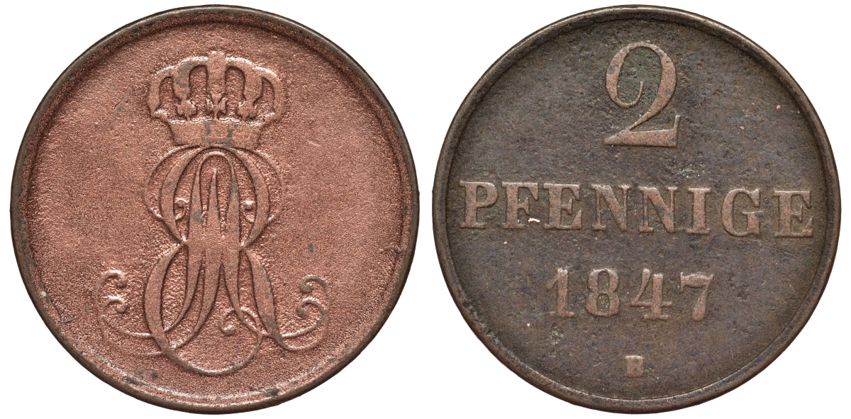 Ганновер 2 пфеннига 1847 B, Эрнст Август (1837-1851) KM 202.1, AKS 124, J. 75 медь 75-1843