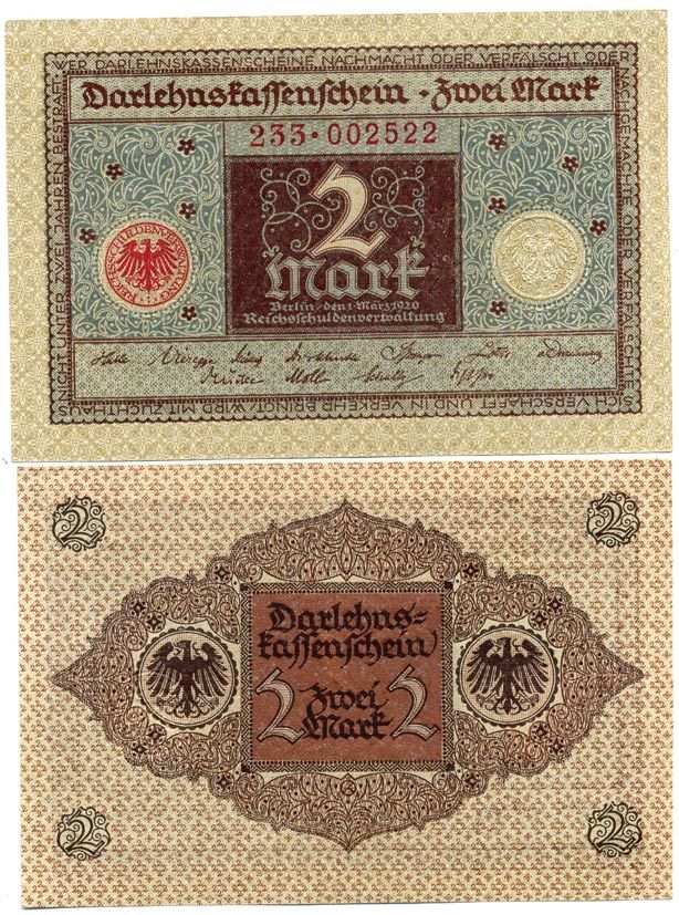 ГЕРМАНИЯ 2 МАРКИ 1920 1 МАРТА 1920, ВЕЙМАРСКАЯ РЕСПУБЛИКА, КОРИЧНЕВАЯ, СЕРИЯ 233 Pick 60, Rosenberg 65a бумага аUNC 7547-77-3