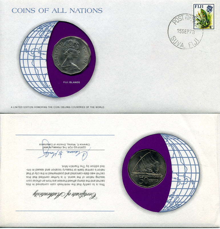 Фиджи 50 центов 1976 конверт с маркой первого дня гашения, Coins of Nations KM 36 медно-никель UNC 4294-45-2