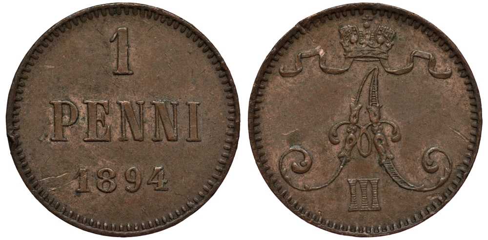 РОССИЯ ДЛЯ ФИНЛЯНДИИ 1 ПЕННИ 1894 АЛЕКСАНДР III Биткин 257 медь 3309-821