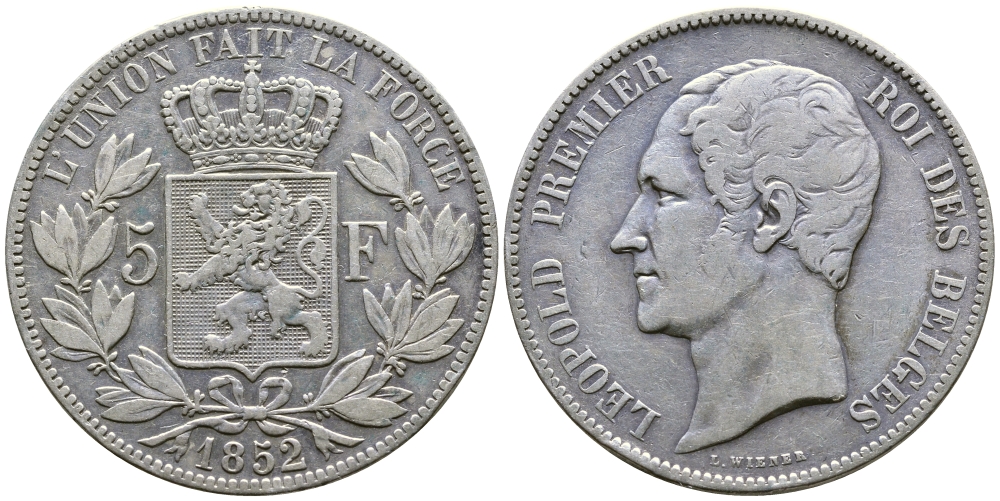 Бельгия 5 франков 1852 Леопольд I (1831-1865) KM 17 серебро 00-1067-5-42