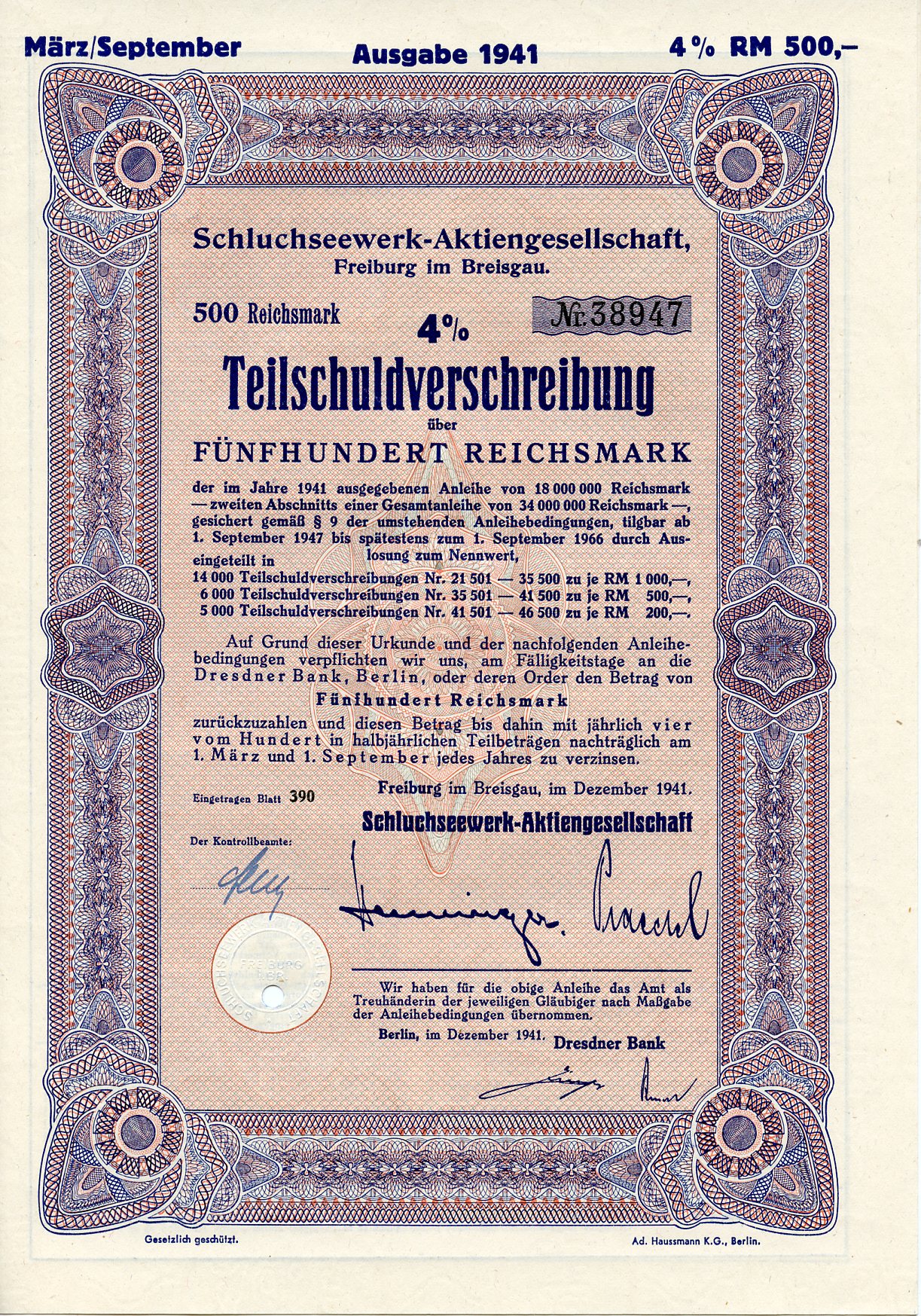 Германия 500 рейхсмарок 1941 АО Schluchseewerk (оператор 5 ГЭС), Фрайбург-им-Брайсгау, 4% -ное частичное обязательство   бумага   8804-81-1