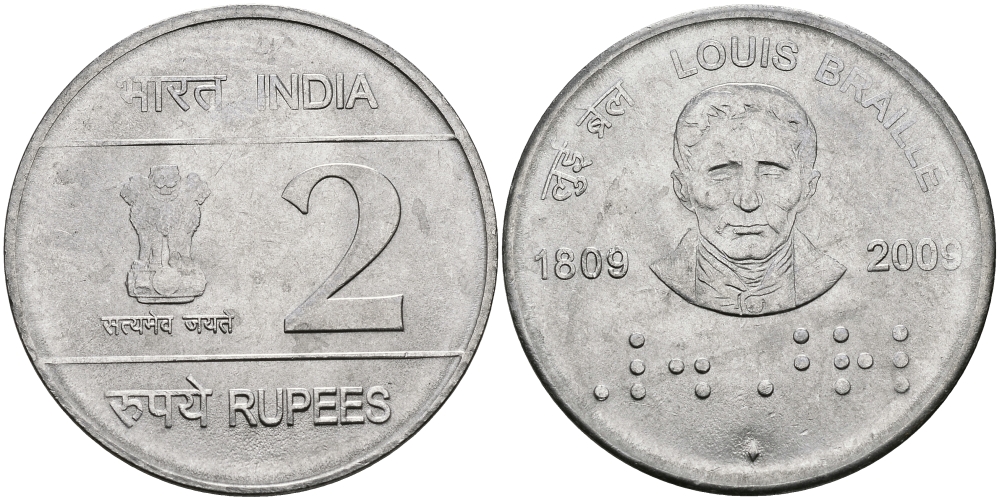 Индия 2 рупии 2009 200 лет Луи Брайлю KM NEW медно-никель UNC 95-156