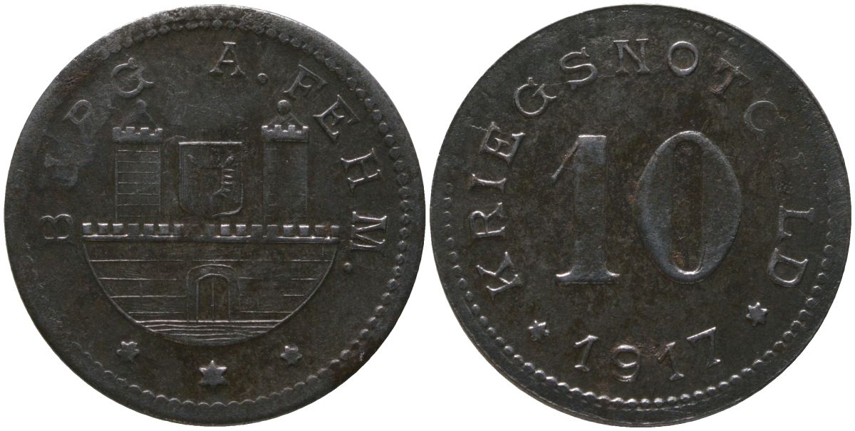 Замок Бург-ауф-Фемарн (Пруссия, Шлезвиг-Гольштейн) 10 пфенингов 1917 Funck 66.2, Men05 4040.3, Men18 5128.3 железо 4163-652